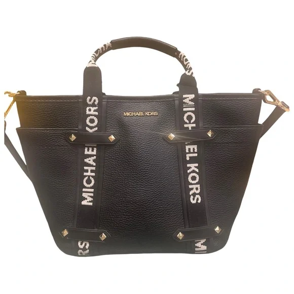 Michael Kors Maeve Black Pebbled Leather Satchel Tote with Logo Straps - Picture 1 of 13